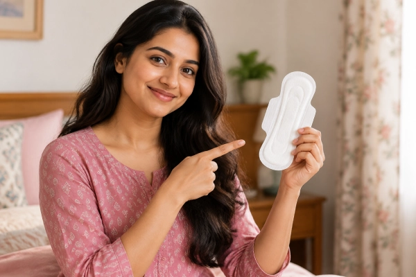 Indian woman holding a sanitary pad and explaining menstrual hygiene in a comfortable home setting